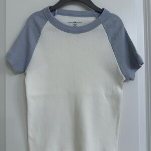 Brandy Melville Cream Ribbed Raglan Tee with Light Blue Sleeves